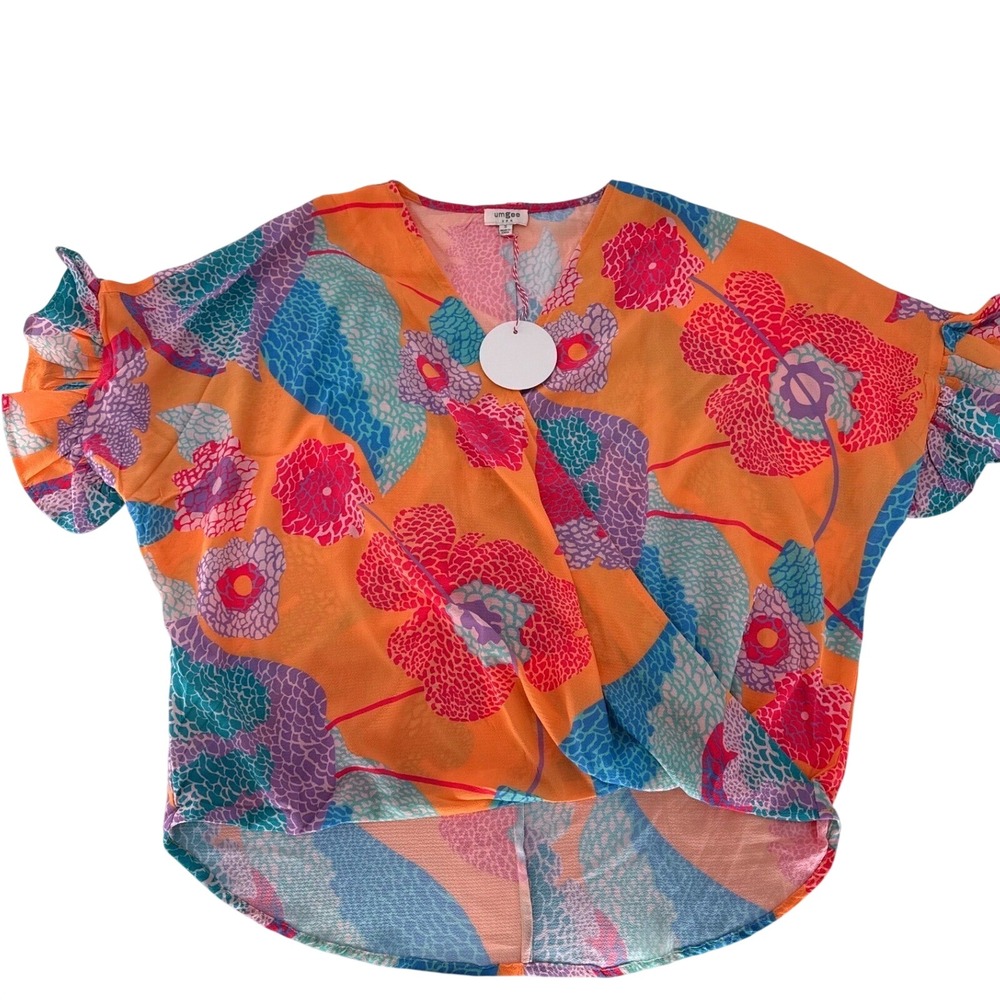Umgee Orange Floral Surplice Ruffle Sleeve Top Womens Size S K6548